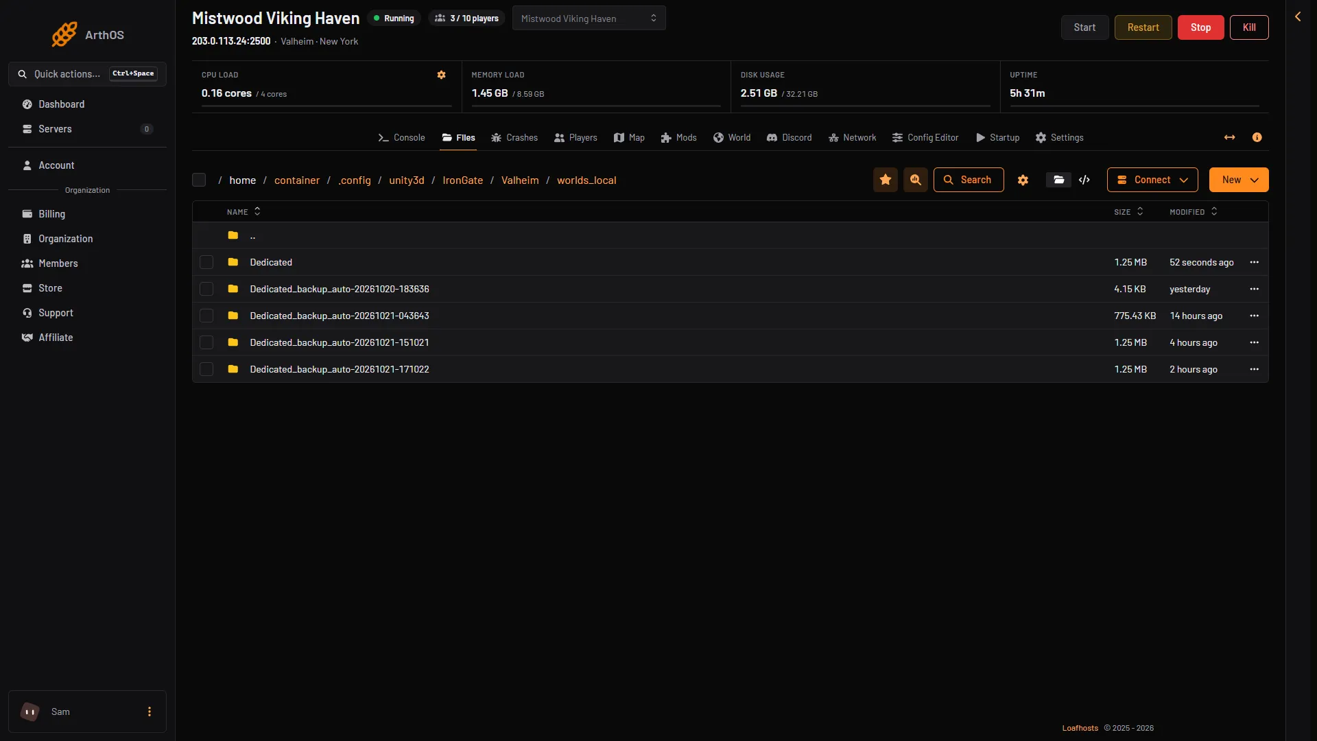 Files page in worlds_local with the world folder and the game's backup folders