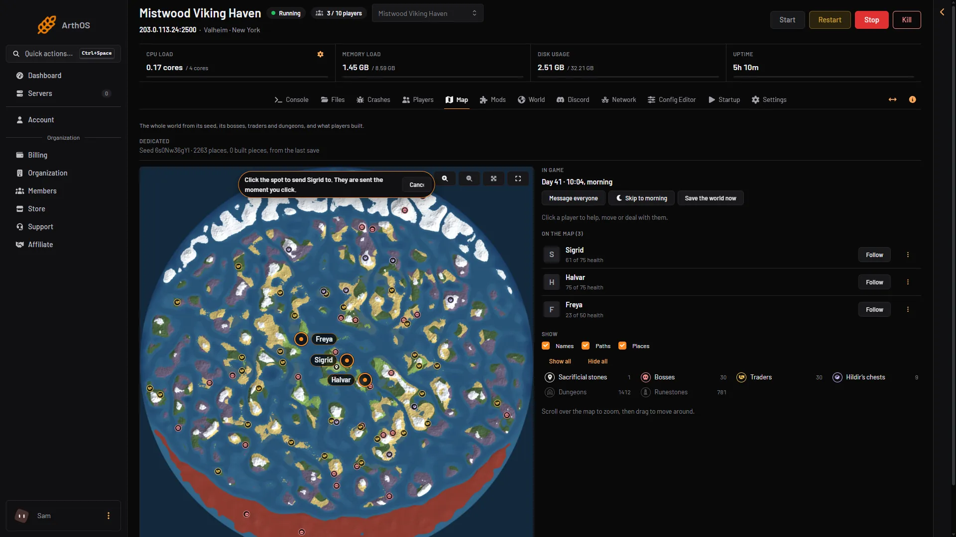 The Map page asking you to click the spot to send the player to