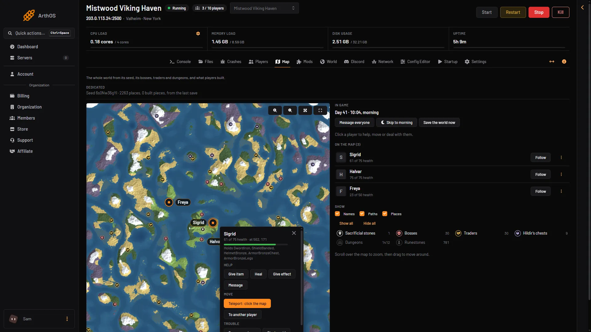 A player's card on the map with Give item, Heal and Teleport