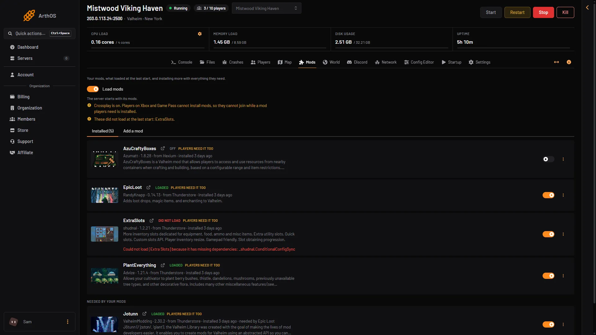 The Installed tab with each mod's switch and three dots menu on its row