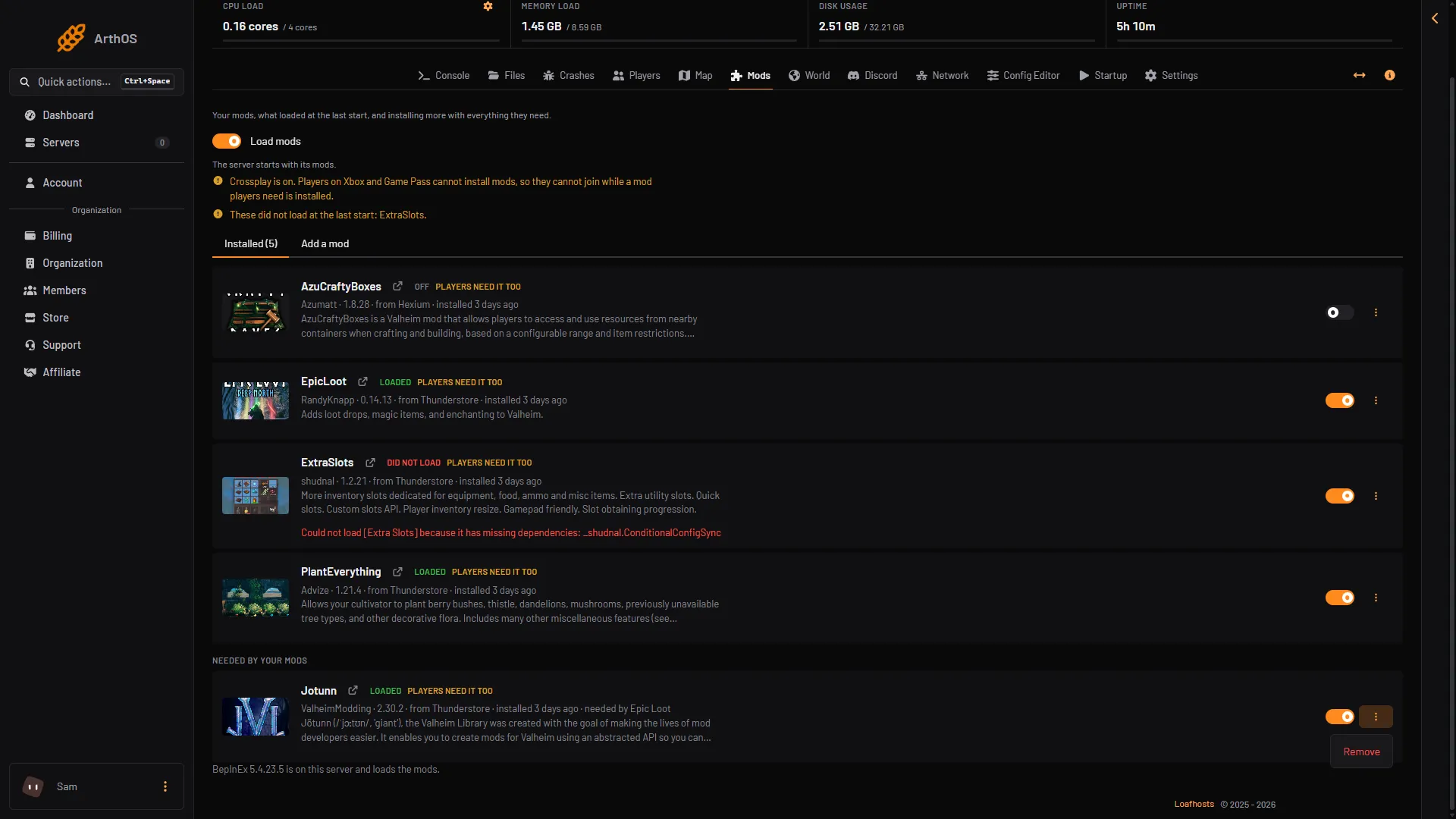 The menu of a mod on the Mods page with Remove