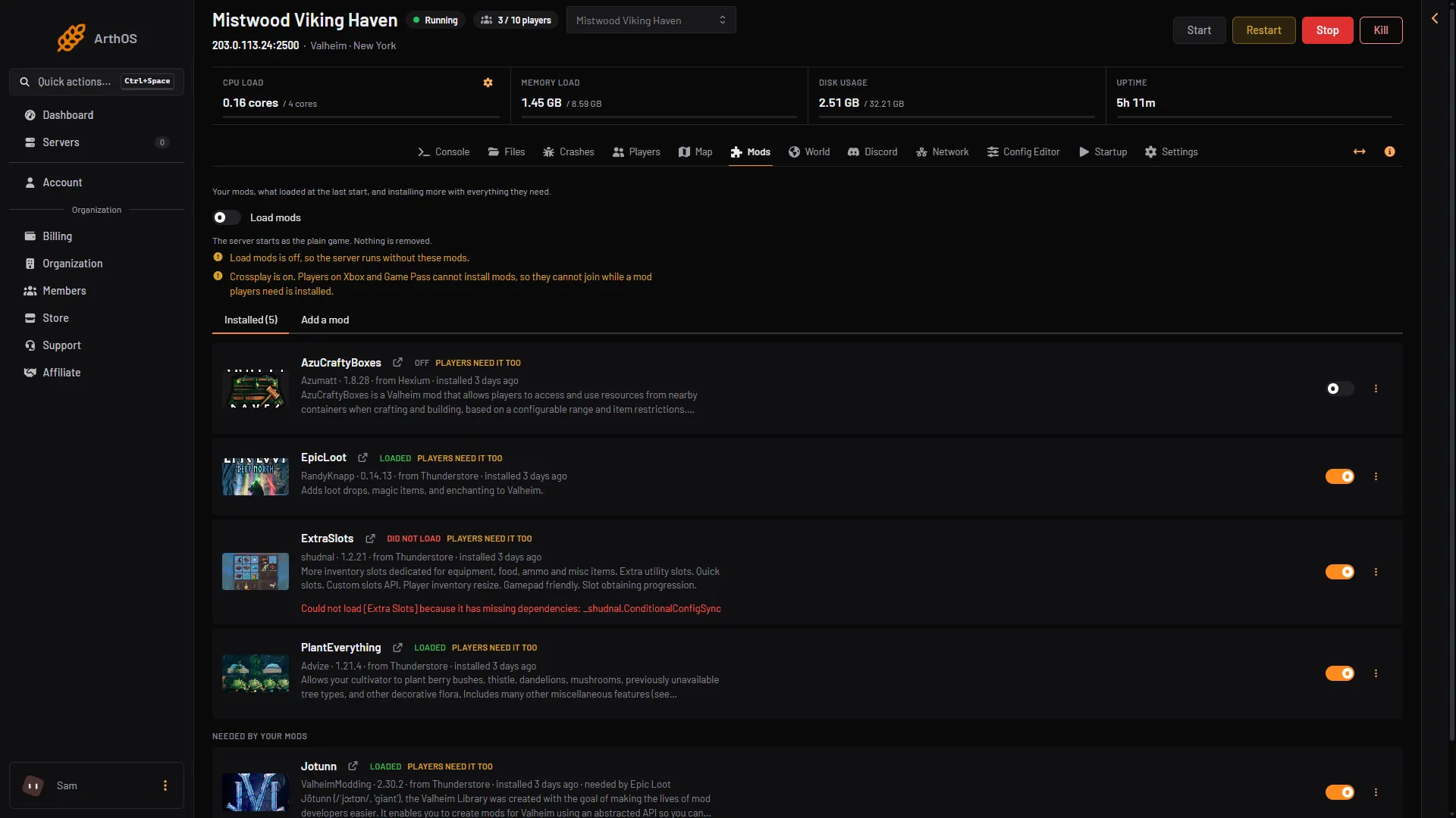 The Mods page with Load mods off and the plain game note