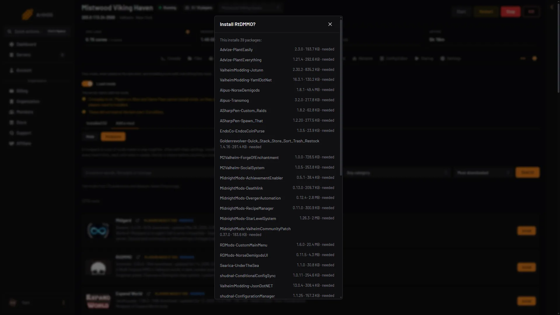The install box for a modpack with a long list of packages