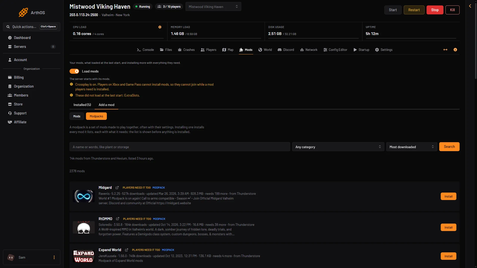 The Add a mod tab with Modpacks chosen, a short explanation of a modpack and pack results
