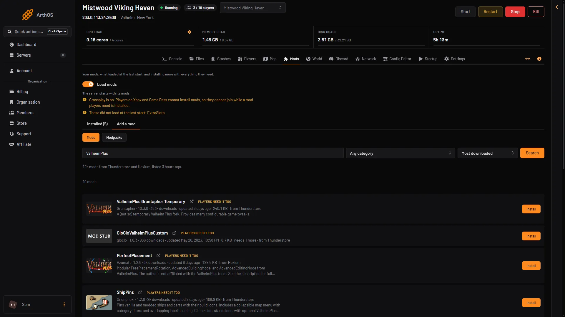 The Add a mod tab after a search for ValheimPlus, with the list of results