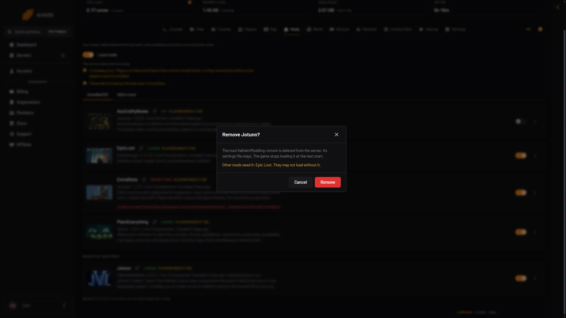 The Remove box naming the mod and the other mods that need it