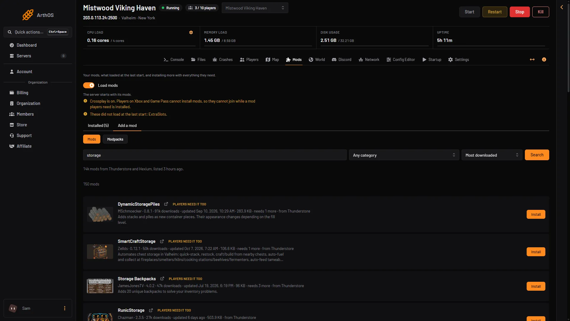 The Add a mod tab with the search box and a result with its Install button