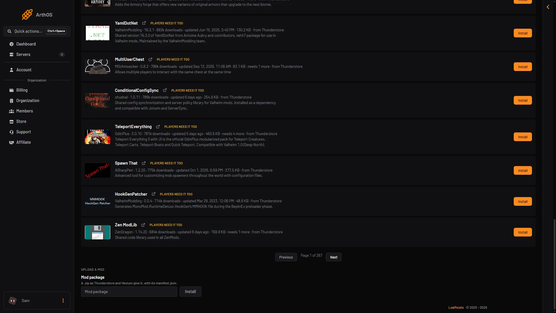 The Upload a mod block at the bottom of the Add a mod tab, with the Mod package field