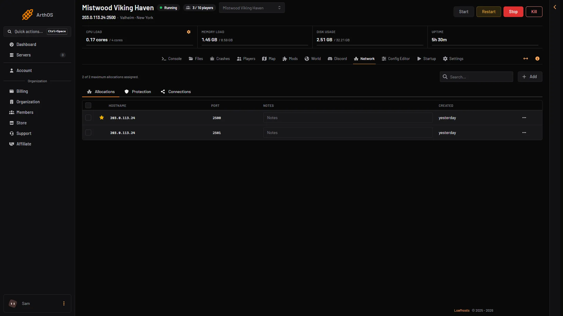 Network page of a Valheim server with its two ports on one address