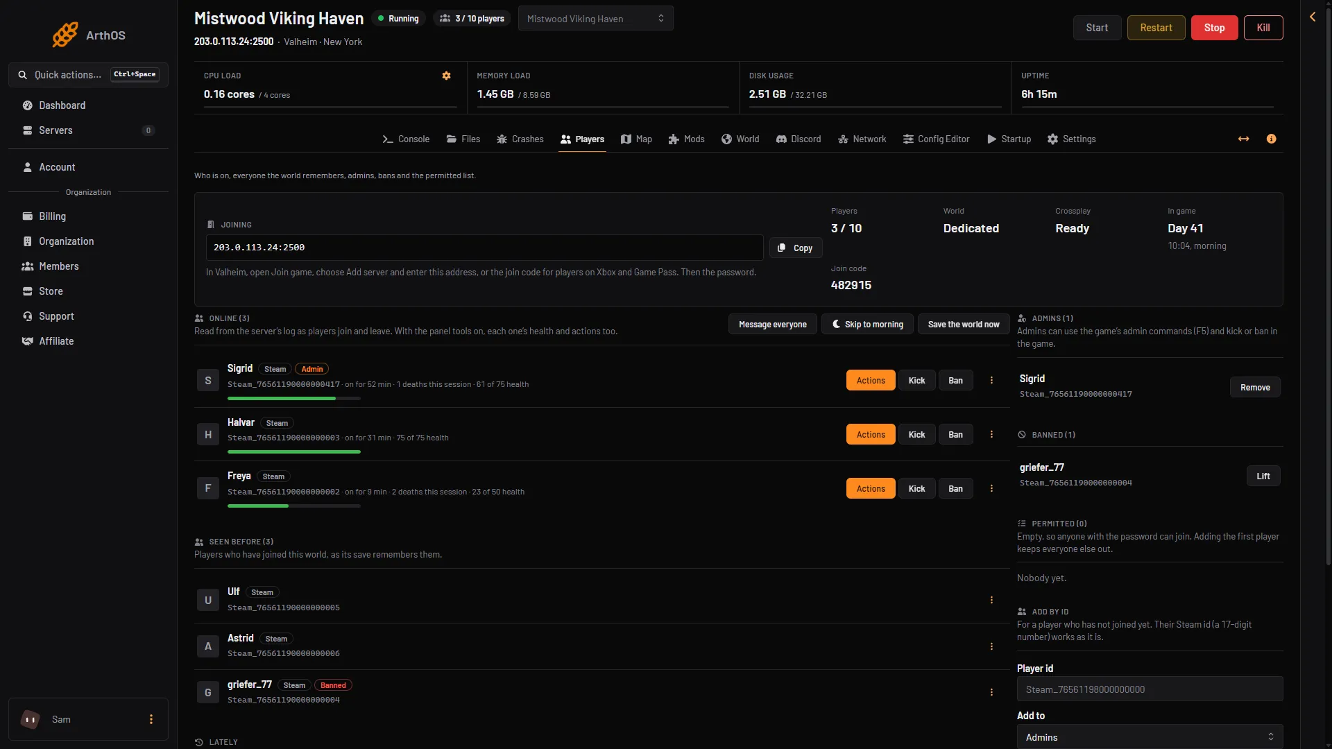 The Players page with the Joining card, the Crossplay stat and the join code