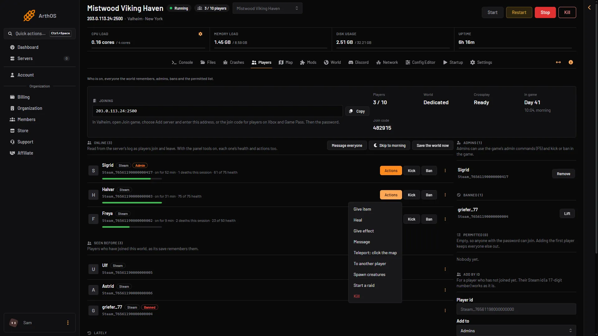 A player's Actions menu with the panel tools on