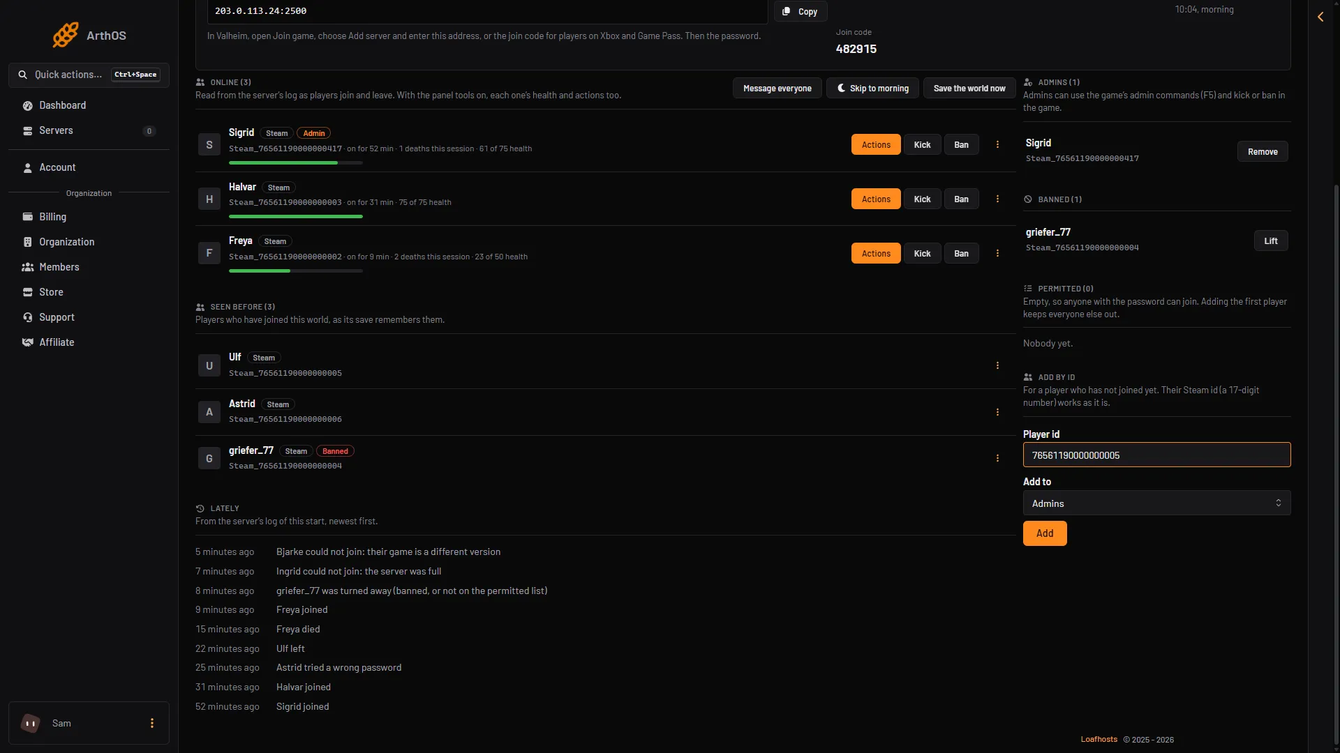 The Add by id card with a Steam id typed in, Admins chosen in Add to, and the Add button