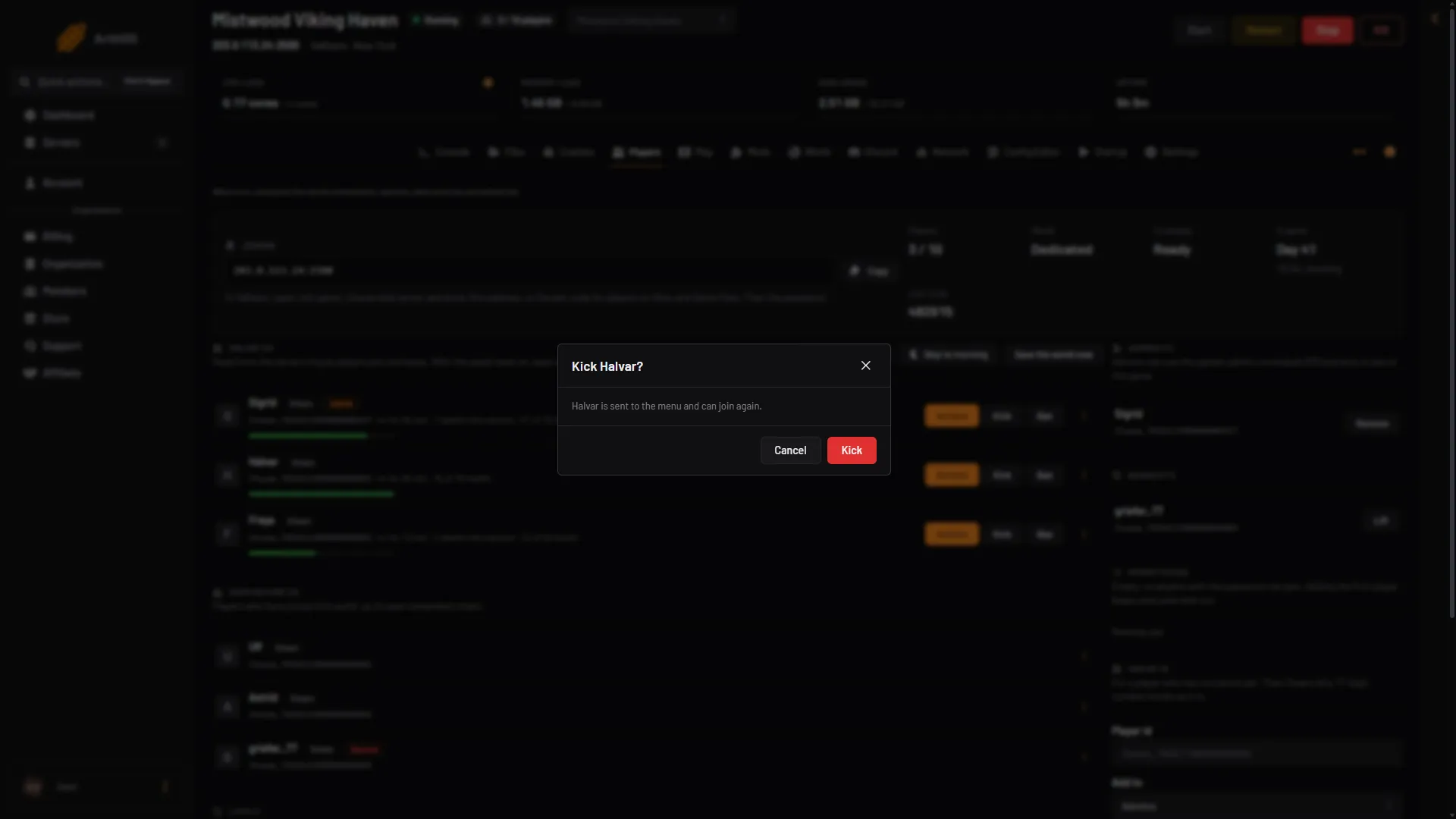 The Kick box with the panel tools on: the player is sent to the menu and can join again