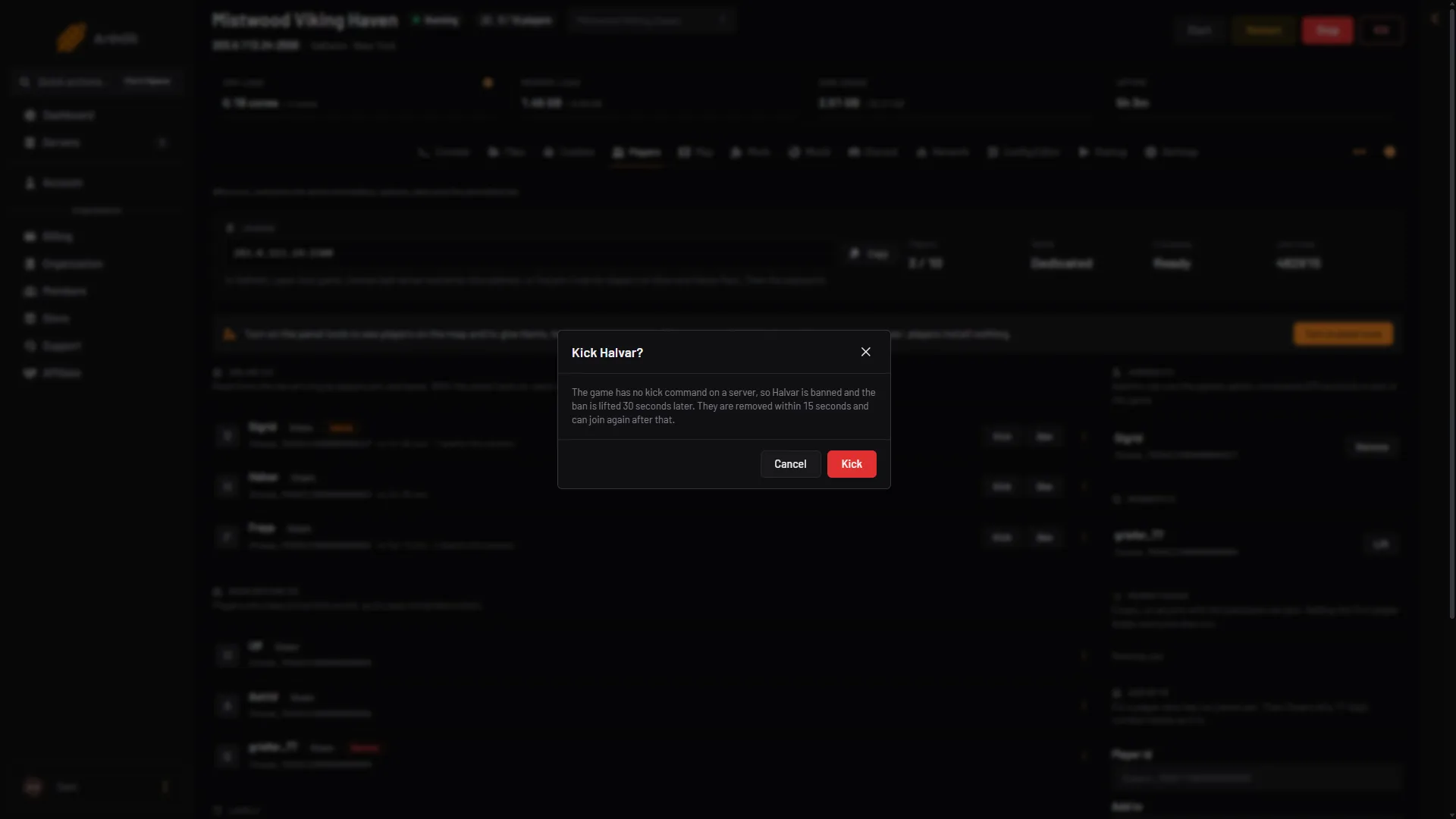 The Kick box with the panel tools off: the player is banned and the ban is lifted 30 seconds later