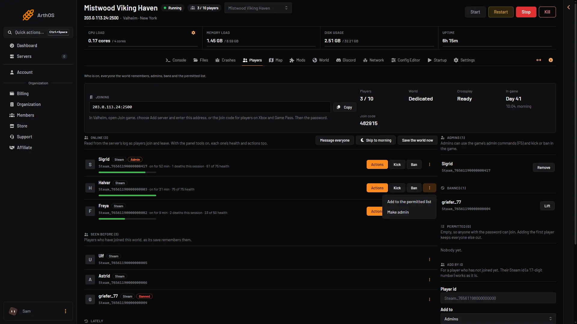 A player's row menu open on the Players page, with Add to the permitted list and Make admin
