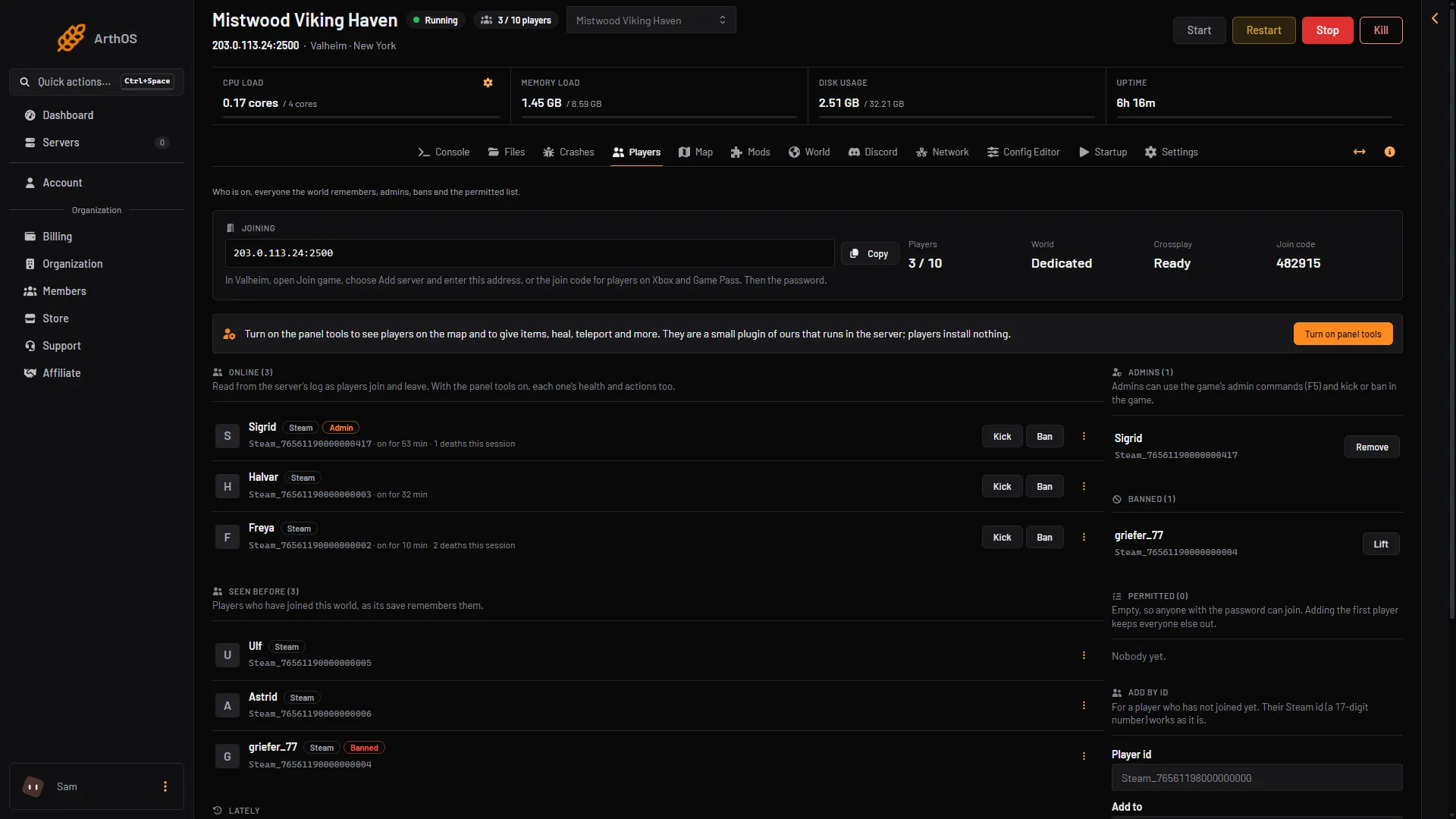 The Players page with the panel tools off: the note and its Turn on panel tools button, and only Kick and Ban on each online row