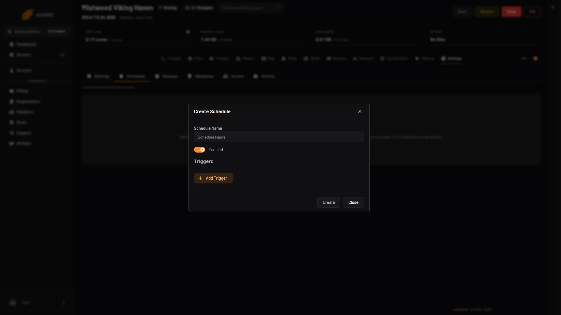 The Create Schedule box with a name, a trigger and the Create button