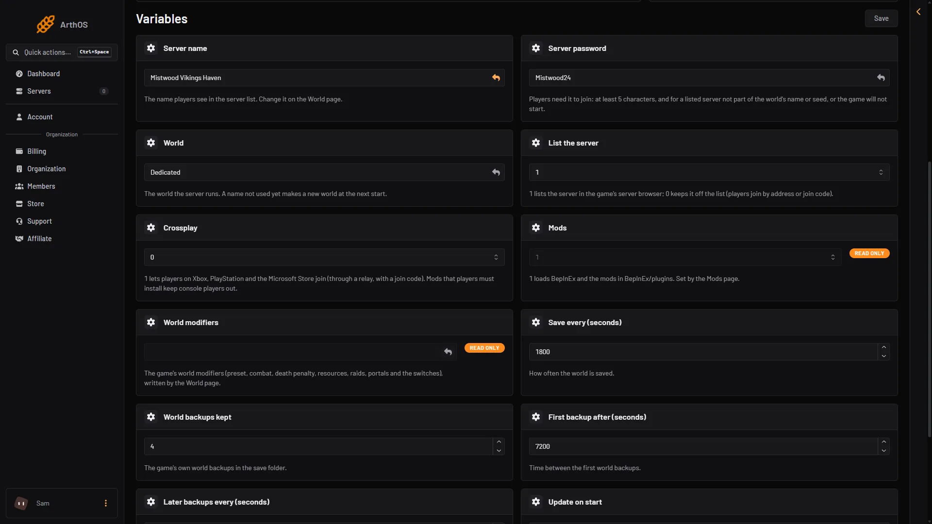 The Startup page with Server name, Server password and World
