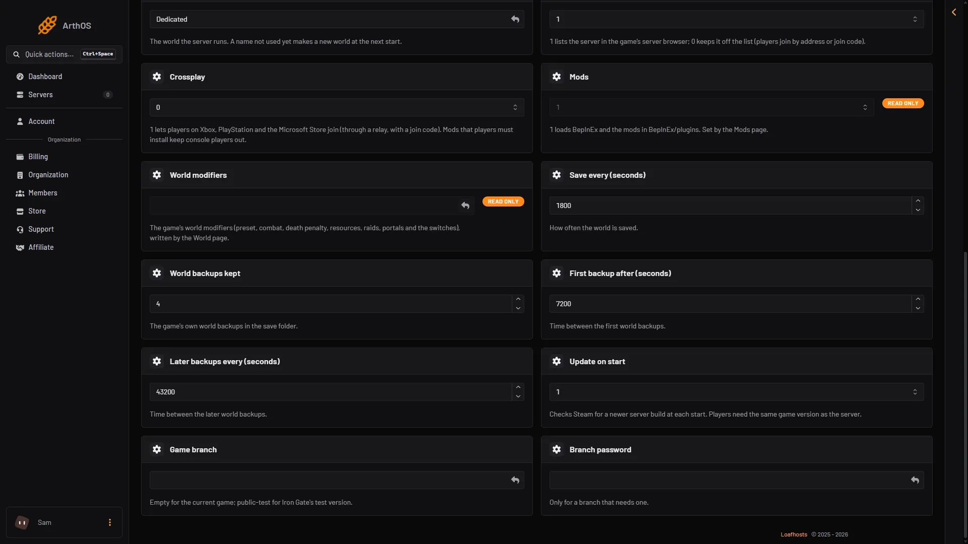The Startup page with Update on start, Game branch and Branch password