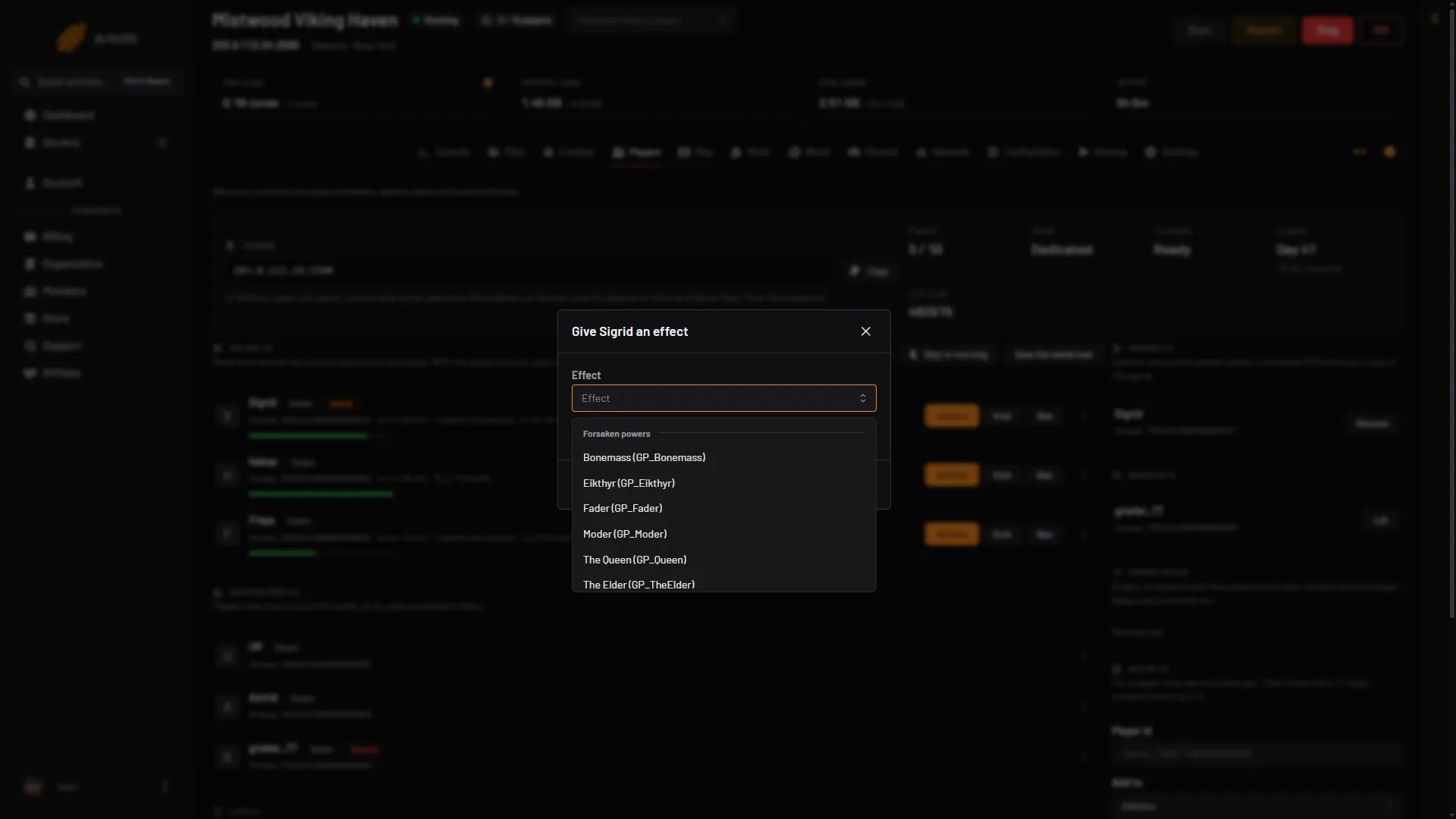 The Give effect box with the Effect list open, showing the Forsaken powers group