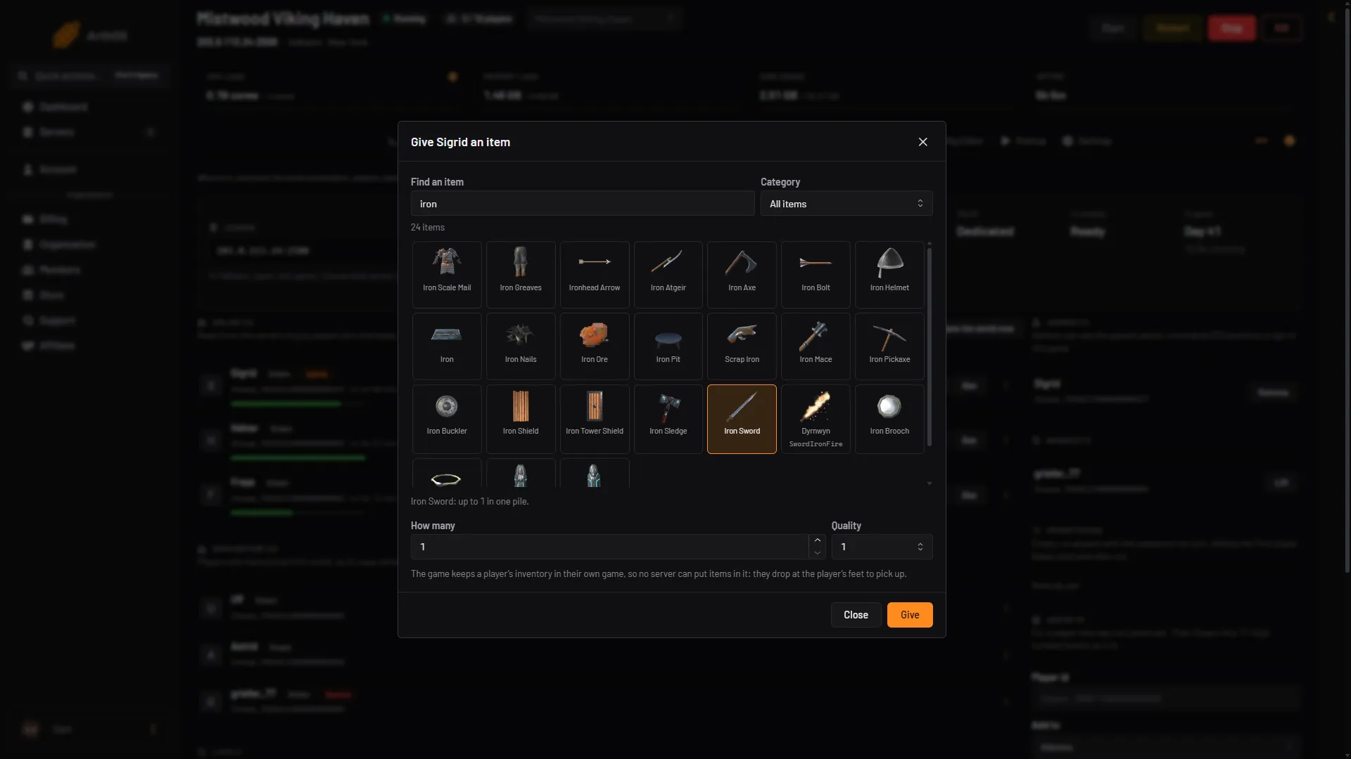 The give box with an item picked, a quantity and a quality, and a note that the item drops at the player's feet