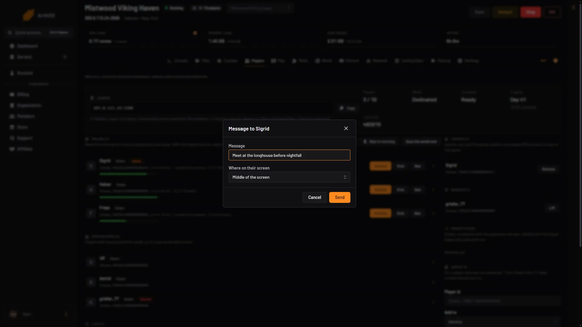 The Message box with the text, where on screen and Send