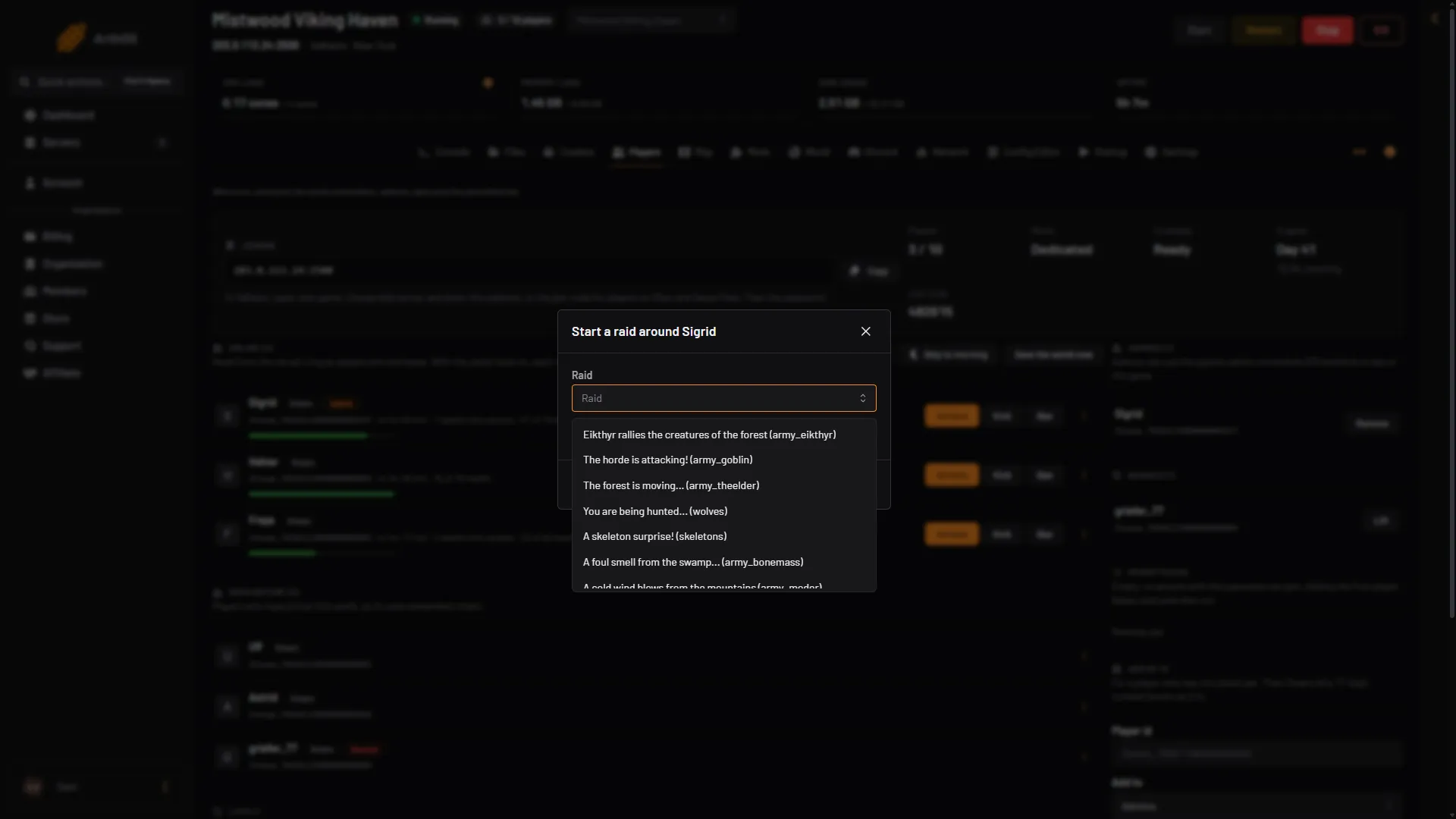 The Start a raid box with the Raid list open
