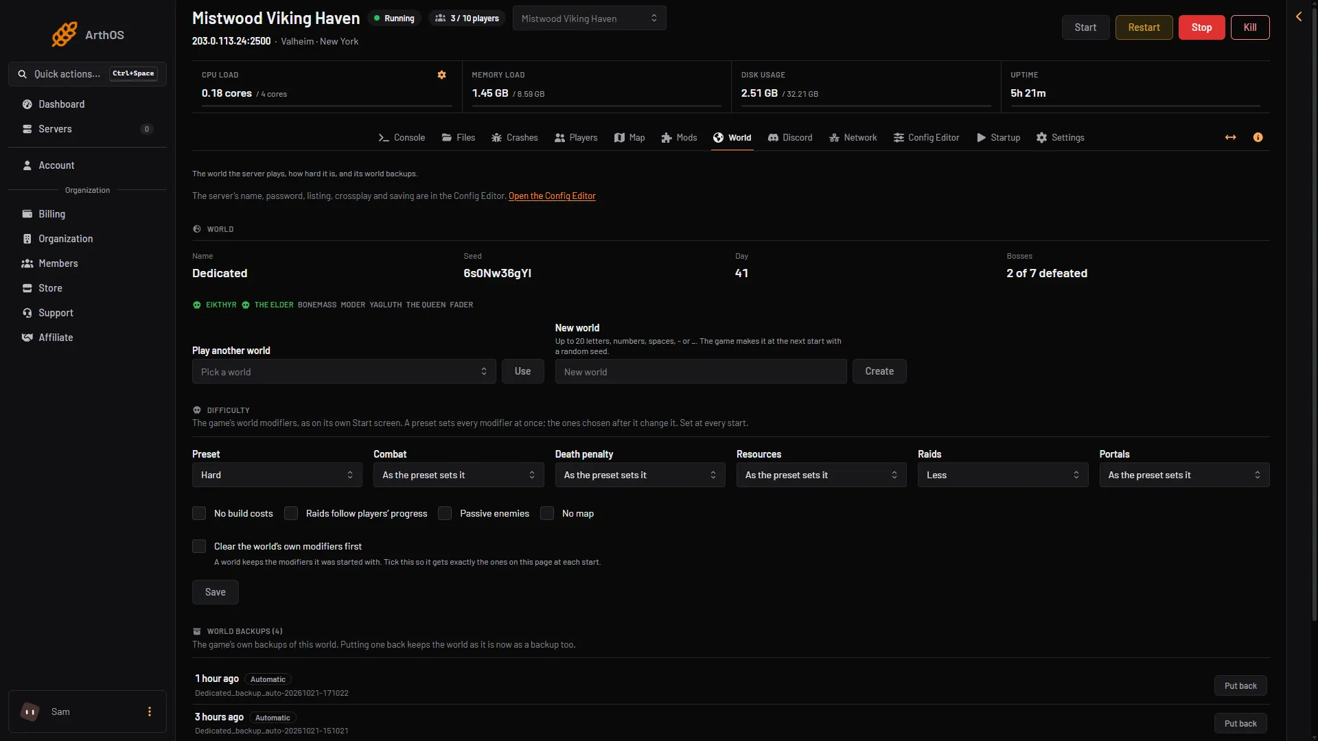 World page with the New world box and the Create button