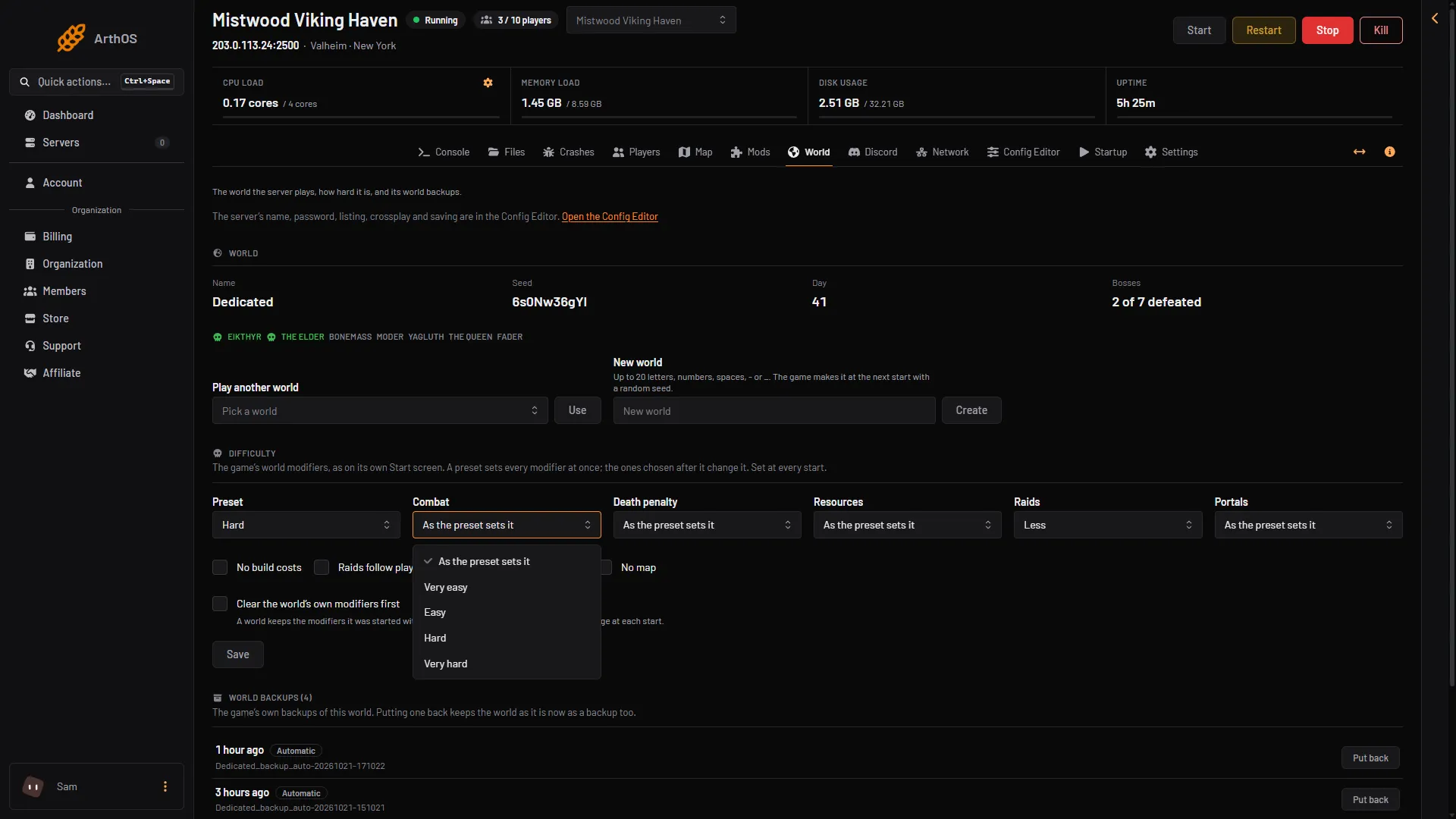 The Combat list open on the World page, showing Very easy to Very hard