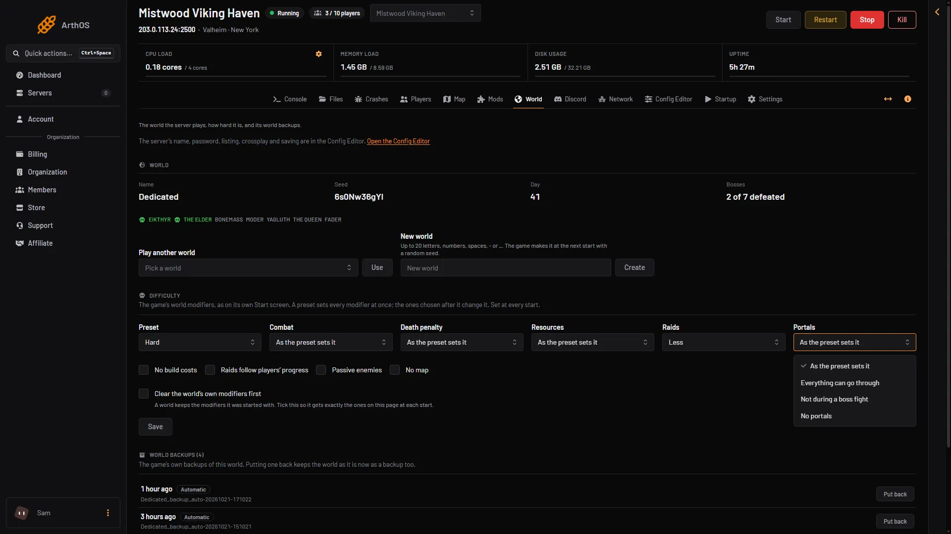 The Portals list open on the World page with its three choices