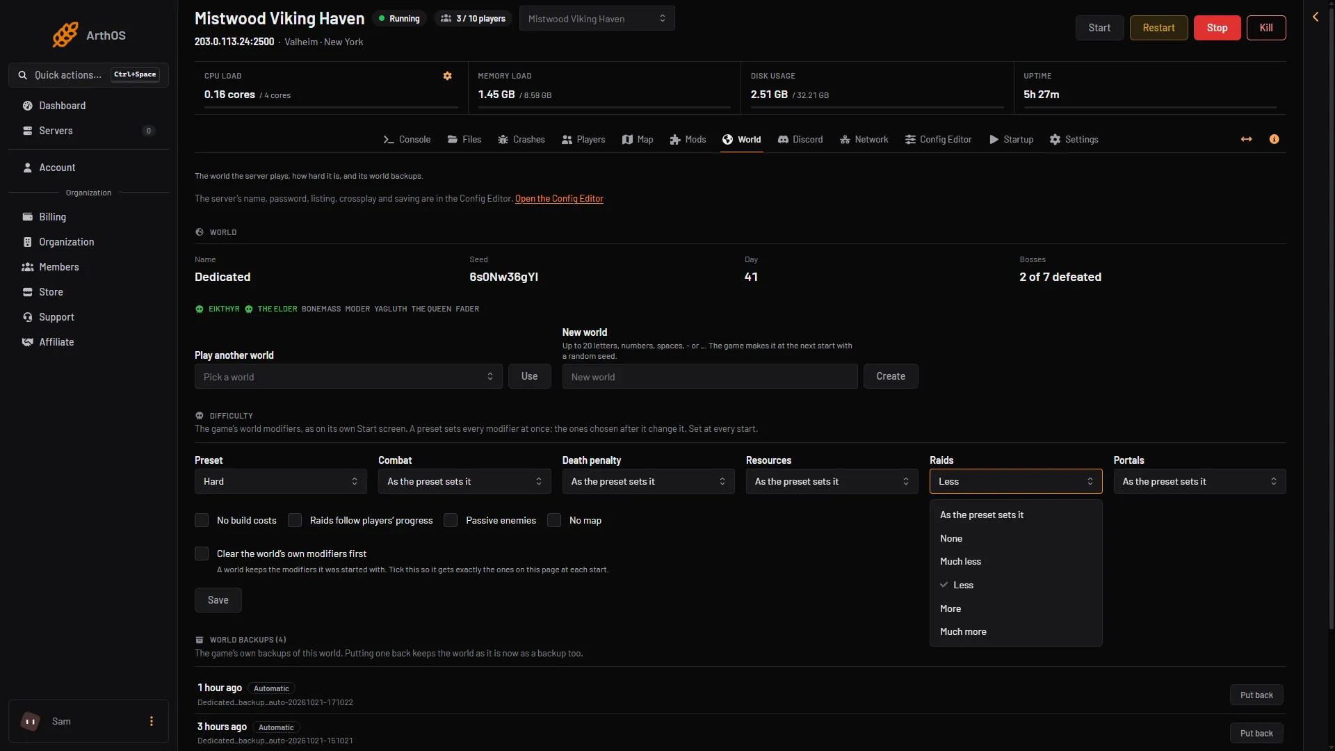 The Raids list open on the World page with its five choices