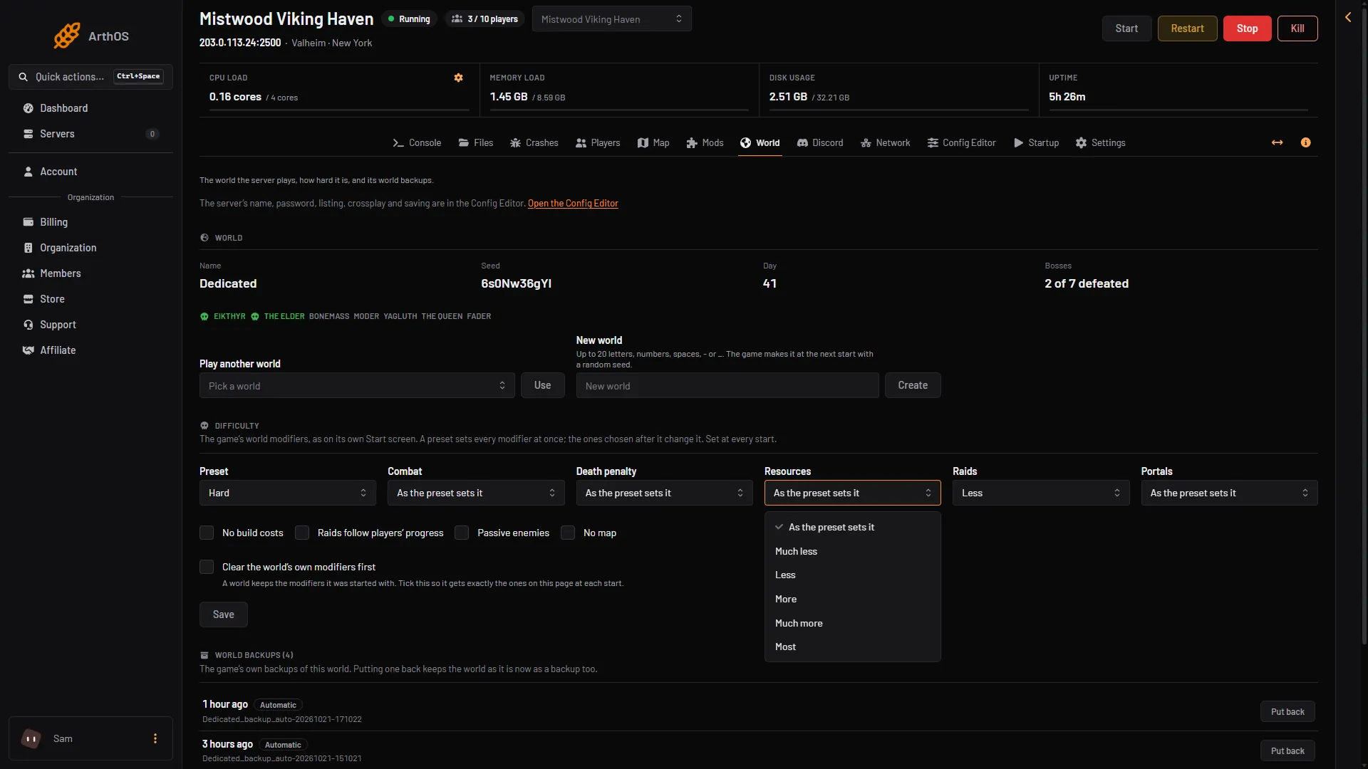 The Resources list open on the World page, from Much less to Most