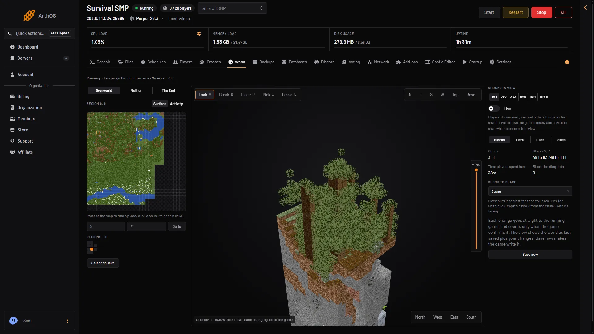 ArthOS Minecraft world editor: a region map beside a live 3D chunk view