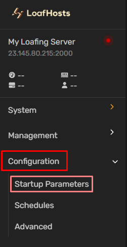 Navigation to Startup Parameters in the server control panel