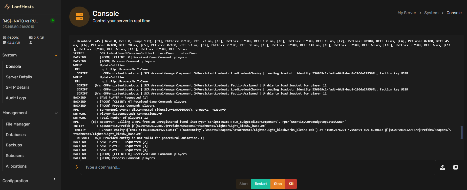 Loafhosts Arma Reforger Server Control Panel
