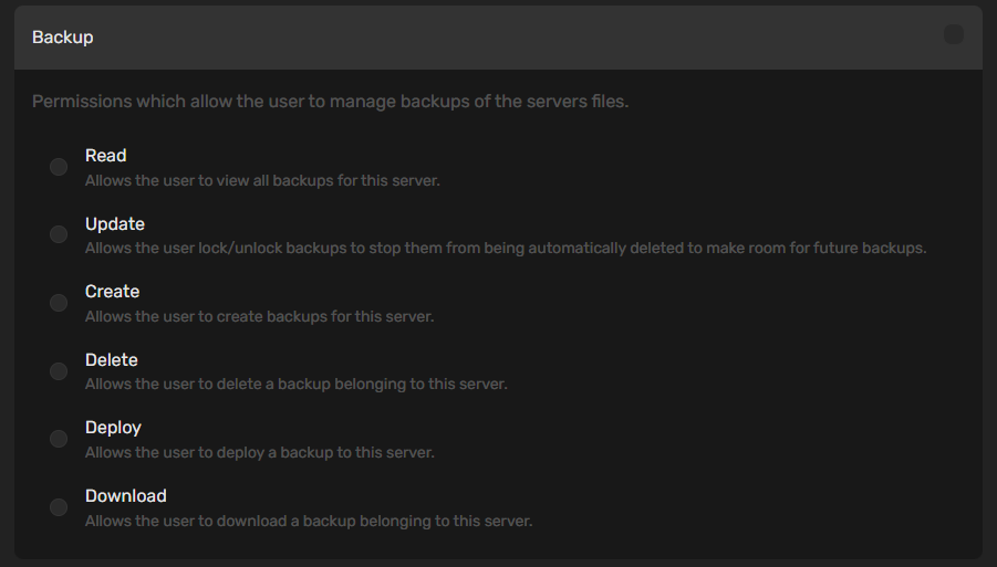Backup permissions showing Read, Update, Create, Delete, Deploy, Download options