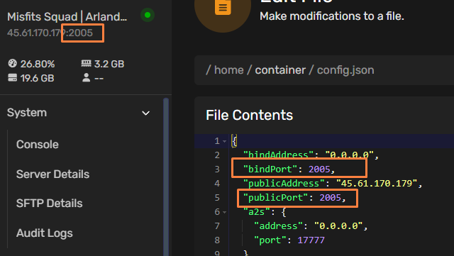 Config.json file showing port configuration with bindPort and publicPort settings highlighted