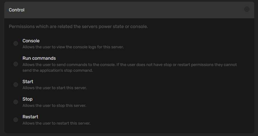 Control permissions showing Console, Run commands, Start, Stop, Restart options
