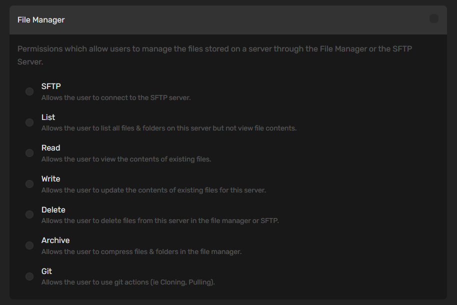 File Manager permissions showing SFTP, List, Read, Write, Delete, Archive, Git options