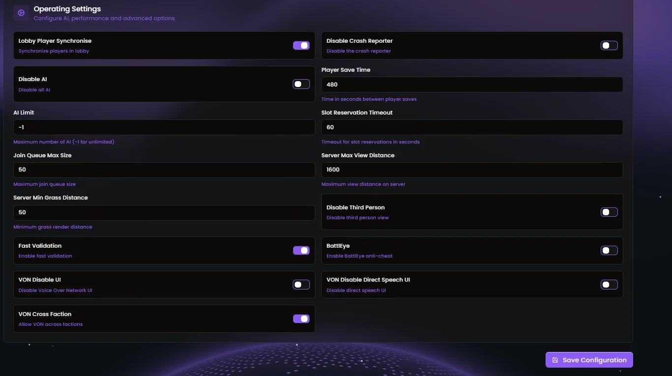 Config Editor — Operating settings