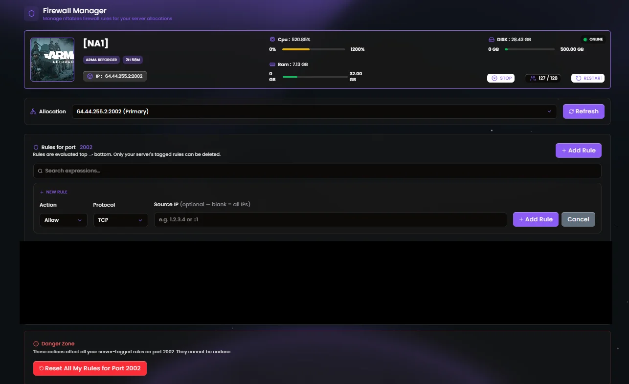 LHyper Firewall Manager — rule management, allow/drop rules by protocol and port