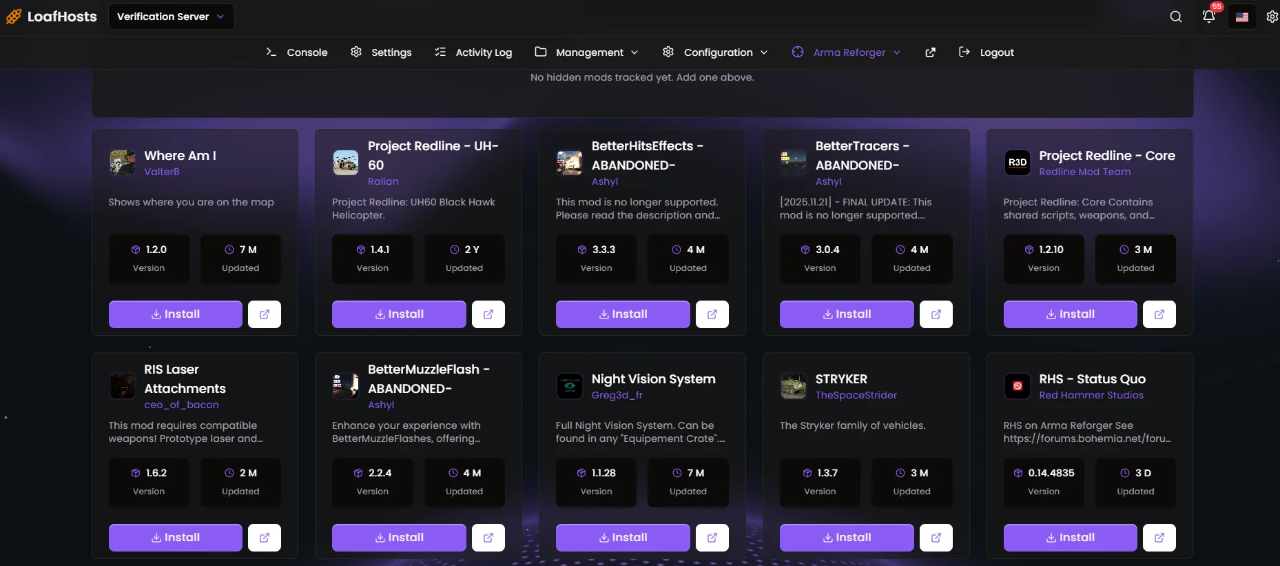 Mod Manager — Installed mods grid