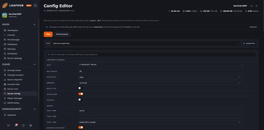LoafHub server.properties without the footguns. Grouped fields with real dropdowns and toggles wherever the game only accepts certain values, and a file picker that lists only the configs that exist on disk for the build you are running.
