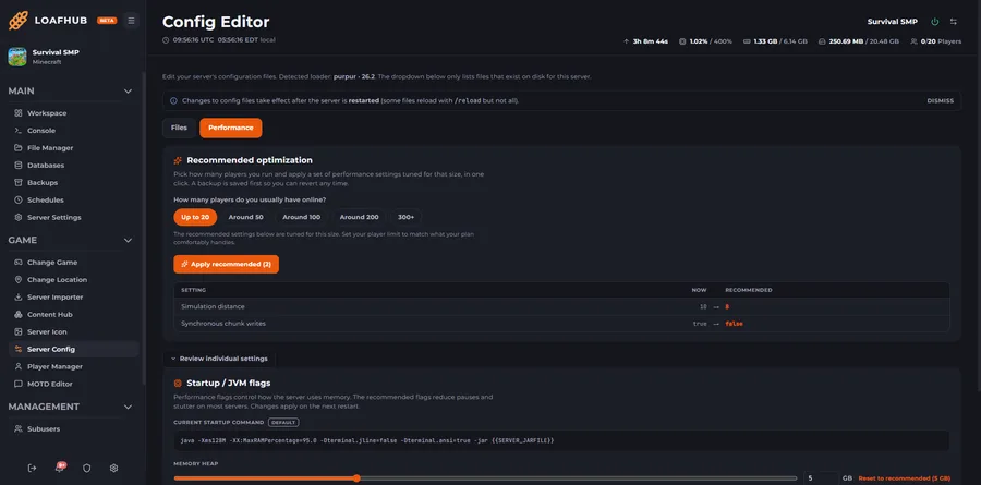 LoafHub Tuning, with the change shown before it happens. Choose the player count you actually run and the panel lists every setting it wants to change and what it will become, then takes a backup before applying it. Memory and start-up flags sit on the same screen.