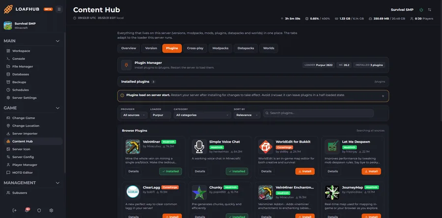 LoafHub Three plugin catalogues, one search. CurseForge, Modrinth and Spigot searched together rather than one at a time, filtered by category and sorted by installs, with what is already on the server marked as you browse.