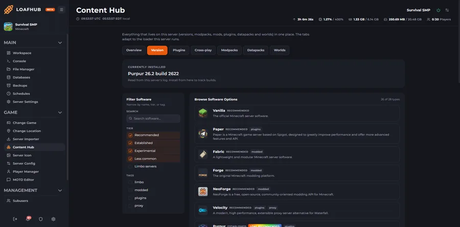 LoafHub Change the server build without rebuilding. Vanilla, Paper, Purpur, Fabric, Forge, NeoForge and the rest, each with its own version and build picker. What you are running now is read from the server's own log.