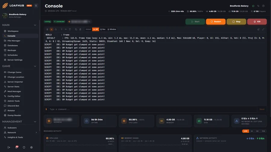 The LoafHub live console for a running server, showing per-tick FPS, frame time and streaming counts alongside power controls.