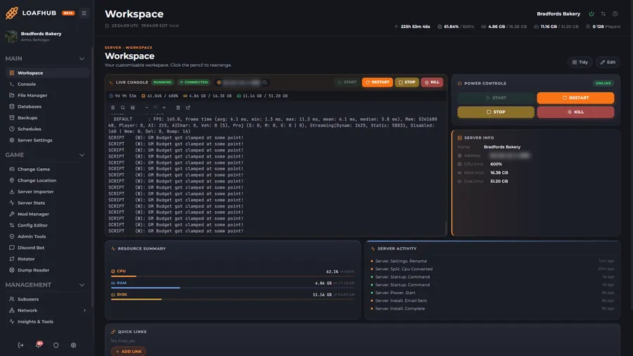 LoafHub panel. The LoafHub workspace. Live console, power controls, resource summary and every tool in one place, arranged the way you want them.