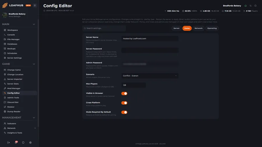 The LoafHub config editor showing scenario, player cap and cross-platform play as labelled form fields instead of raw JSON.