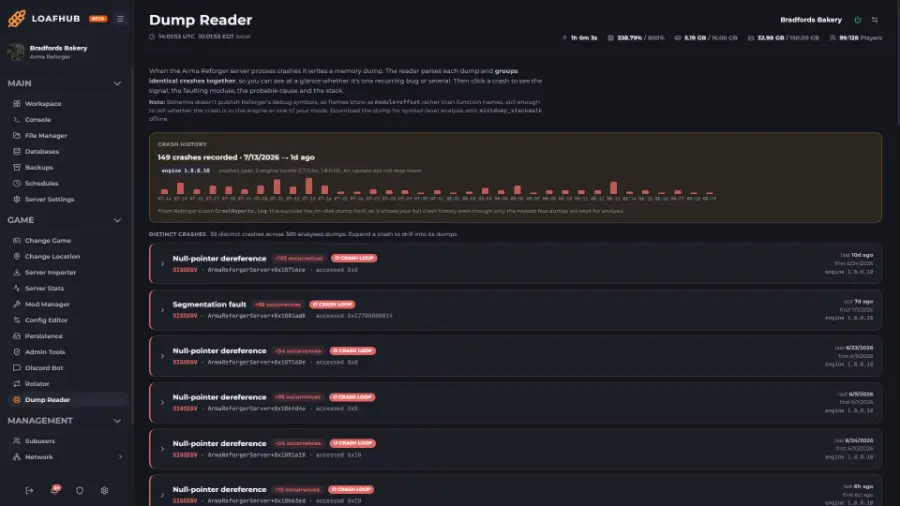 LoafHub Every crash, grouped. 149 crashes across two engine builds, grouped into 39 distinct faults with the signal and the faulting module named for each.